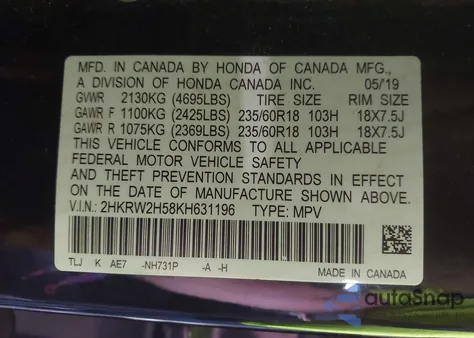 2019 Honda Cr-V Ex from USA, damaged, VIN 2HKRW2H58KH631196